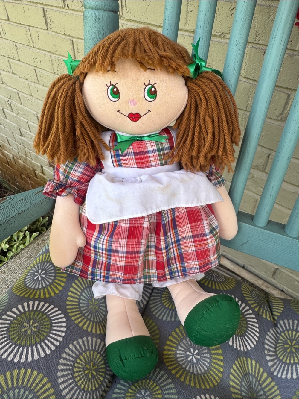 Vintage 1991 Commonwealth Rag Doll Plaid Dress Yarn Hair 17” Cloth Doll Toy